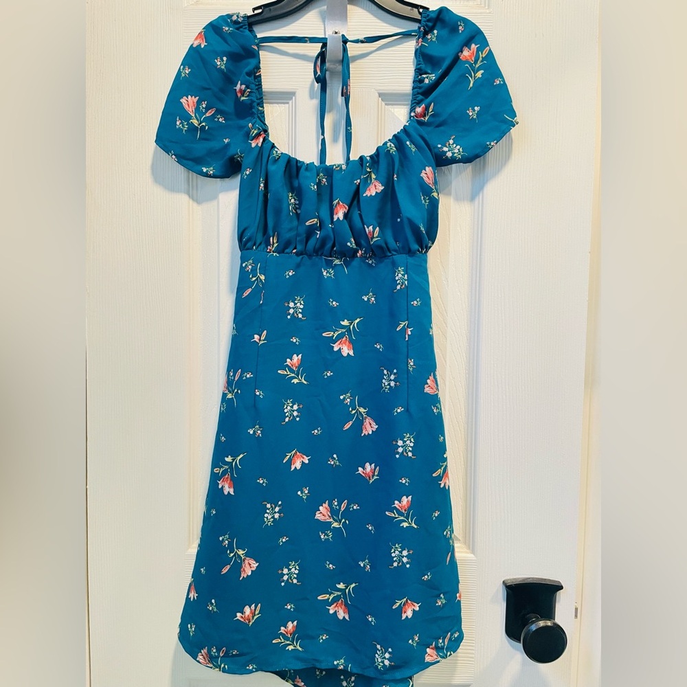 Cute Girls' Teal Floral Puff-Sleeve Dress